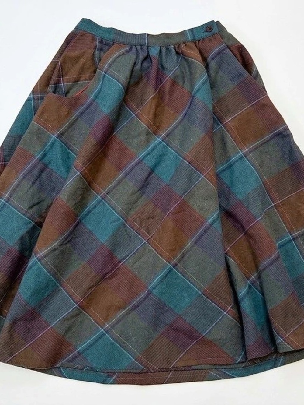 Avon Fashions Vintage Green & Brown Plaid Midi Skirt - Recycled Wool Blend